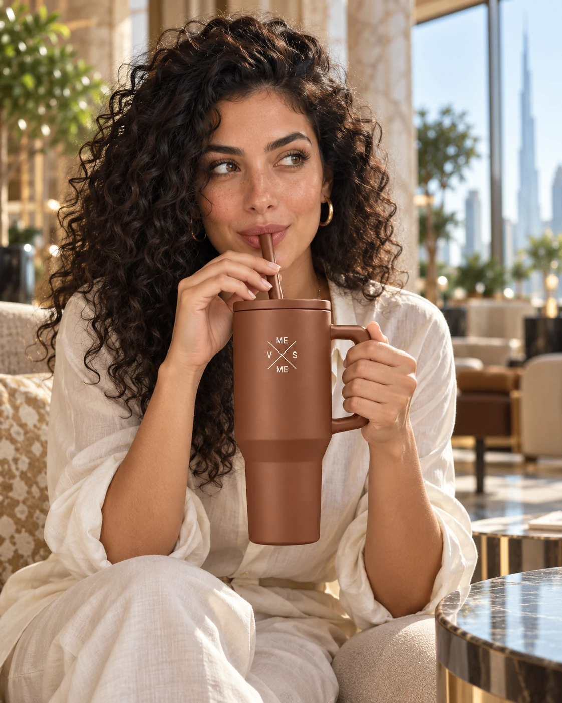 Chestnut crossed-emblem straw tumbler held by a woman in a luxury hotel lobby