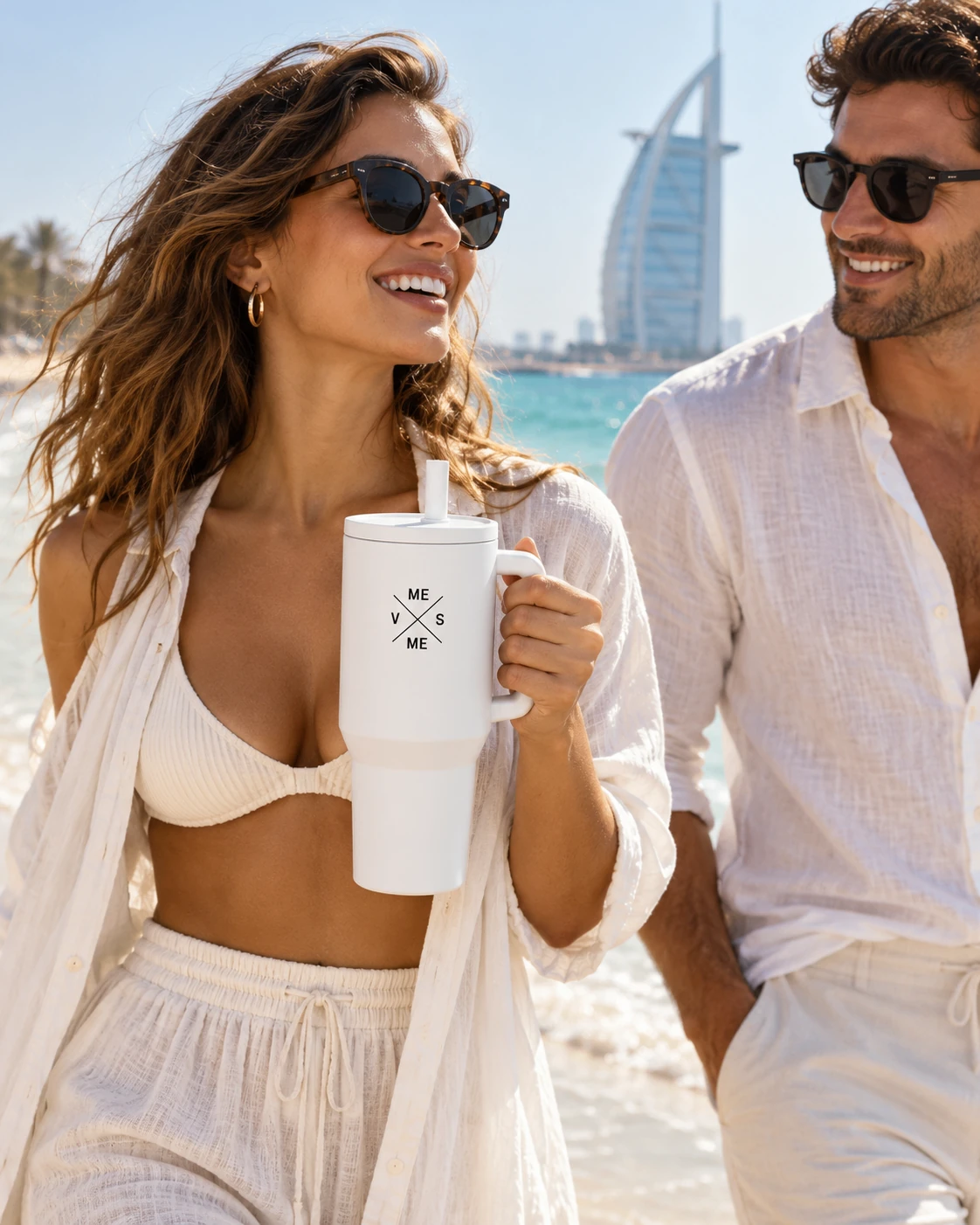 White crossed-emblem straw tumbler on a sunny Dubai beach