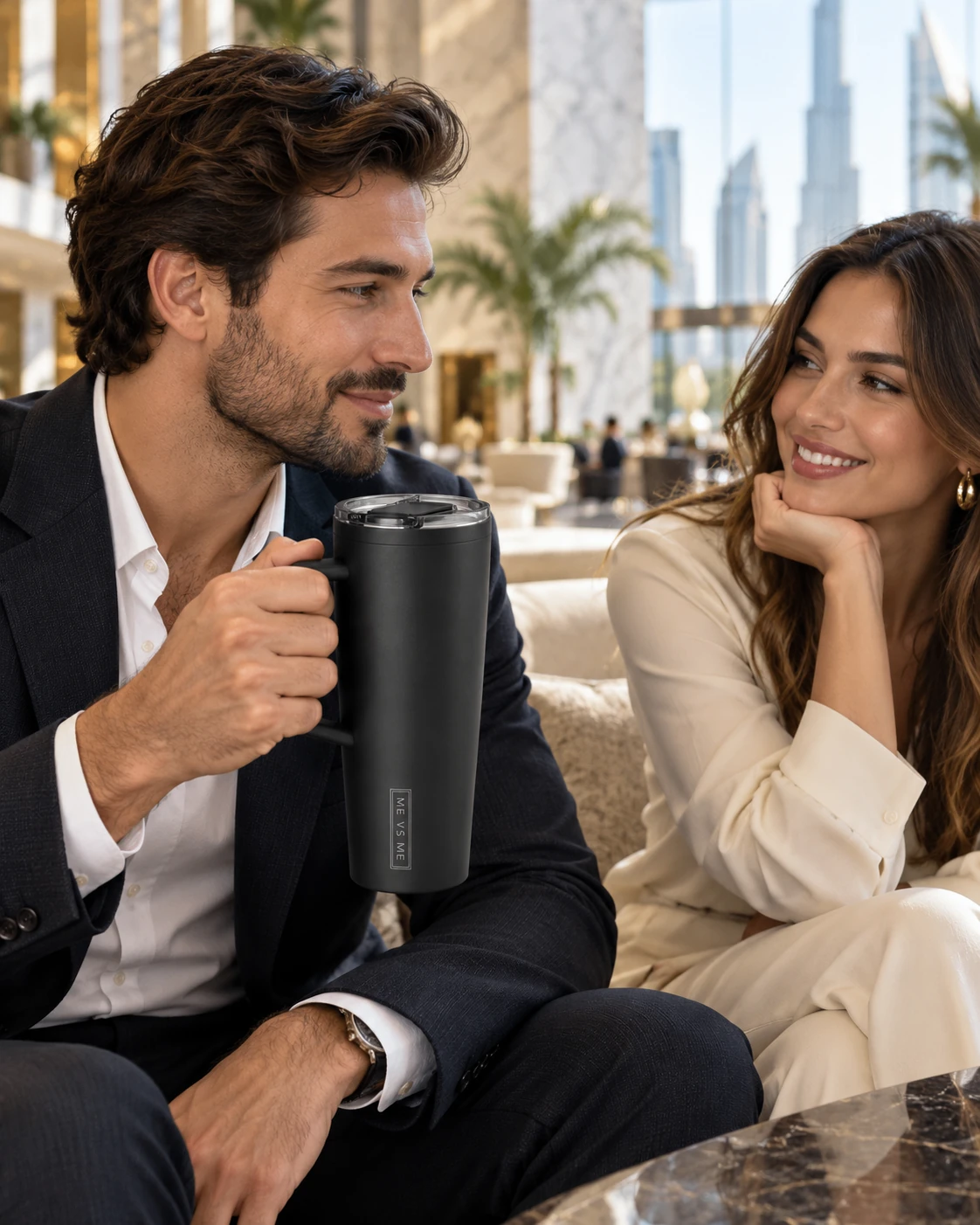 Black ME VS ME Handled Tumbler with vertical wordmark, shared moments in a hotel lobby