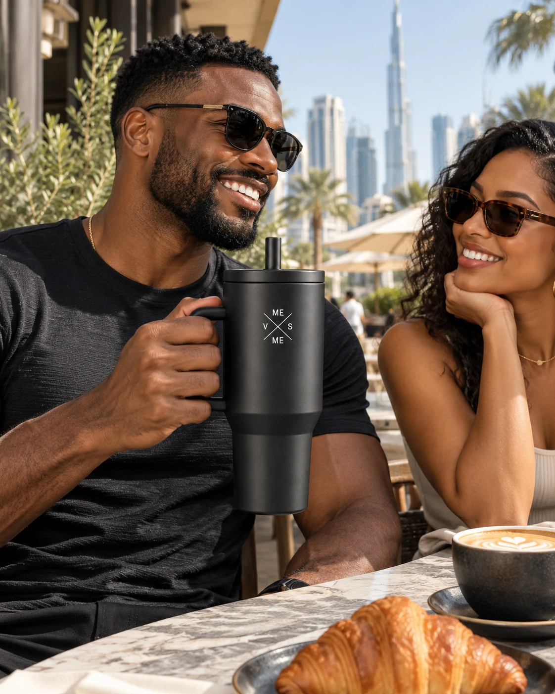 A couple at a Dubai coffee shop with a black straw tumbler bearing the crossed ME VS ME emblem